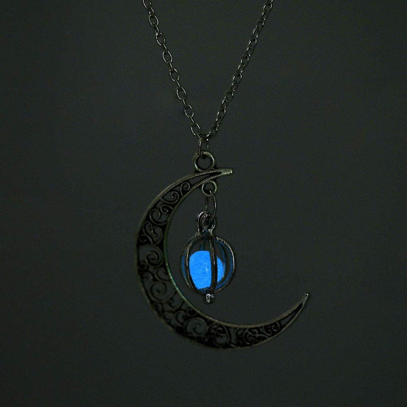 Aimimier Luminous Moon Necklace Stone Pendant Necklace Halloween Fluorescent Necklace Glow in The Dark Accessories for Women(Blue) - Image 4